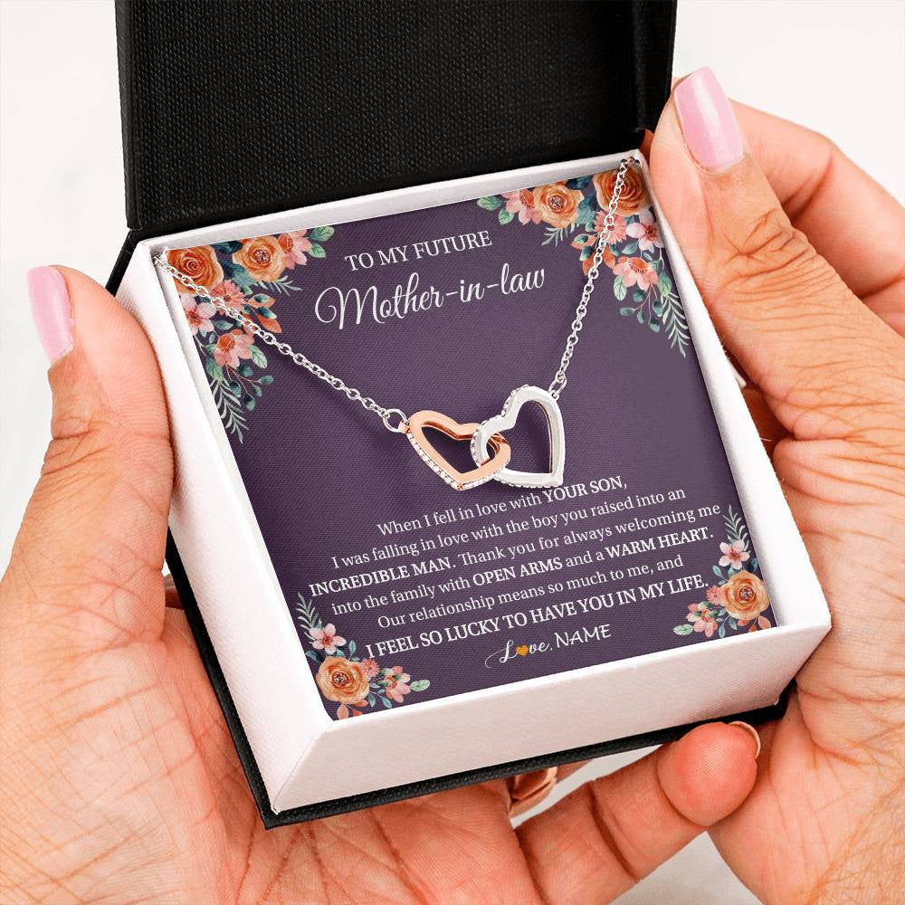 Interlocking Hearts Necklace Stainless Steel & Rose Gold Finish | 2 | Personalized To My Future Mother In Law Necklace Thank You Mother Of The Groom Boyfriend's Mom Wedding Day Birthday Christmas Jewelry Gift Box Message Card | teecentury