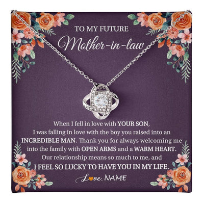 Love Knot Necklace 14K White Gold Finish | 1 | Personalized To My Future Mother In Law Necklace Thank You Mother Of The Groom Boyfriend's Mom Wedding Day Birthday Christmas Jewelry Gift Box Message Card | teecentury