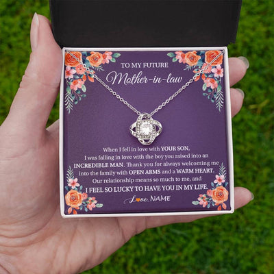 Love Knot Necklace 14K White Gold Finish | 2 | Personalized To My Future Mother In Law Necklace Thank You Mother Of The Groom Boyfriend's Mom Wedding Day Birthday Christmas Jewelry Gift Box Message Card | teecentury