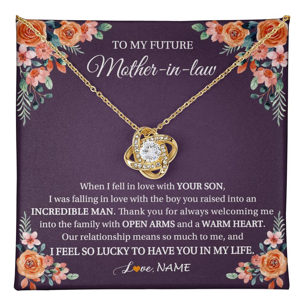 Love Knot Necklace 18K Yellow Gold Finish | 1 | Personalized To My Future Mother In Law Necklace Thank You Mother Of The Groom Boyfriend's Mom Wedding Day Birthday Christmas Jewelry Gift Box Message Card | teecentury