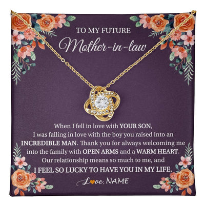 Love Knot Necklace 18K Yellow Gold Finish | 1 | Personalized To My Future Mother In Law Necklace Thank You Mother Of The Groom Boyfriend's Mom Wedding Day Birthday Christmas Jewelry Gift Box Message Card | teecentury