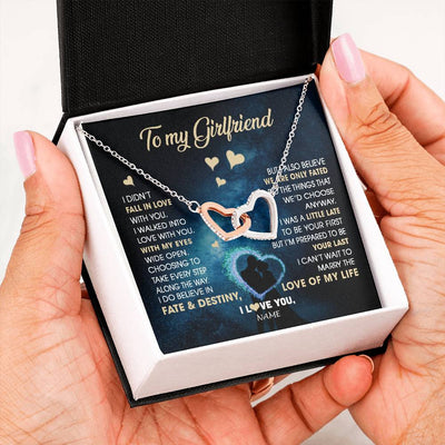 Interlocking Hearts Necklace Stainless Steel & Rose Gold Finish | Personalized To My Girlfriend Necklace Fall In Love With You Future Wife Birthday Anniversary Valentines Day Christmas Customized Gift Box Message Card | teecentury