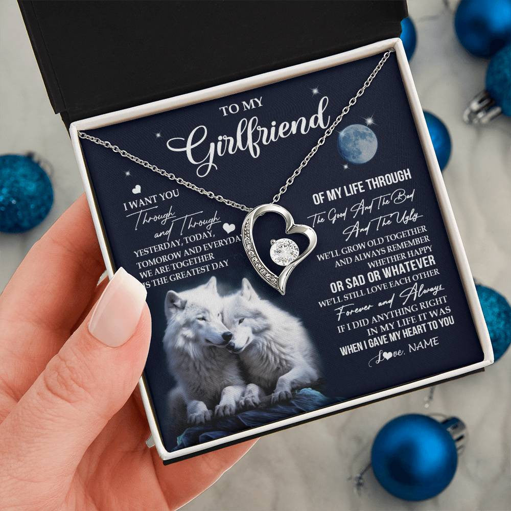 Forever Love Necklace 14K White Gold Finish | 2 | Personalized To My Girlfriend Necklace From Boyfriend I Want You Wolf Girlfriend Birthday Anniversary Valentines Christmas Customized Gift Box Message Card | teecentury