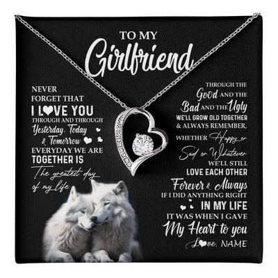 Forever Love Necklace 14K White Gold Finish | 1 | Personalized To My Girlfriend Necklace From Boyfriend Wolf Never Forget That I Love You Girlfriend Birthday Christmas Customized Gift Box Message Card | teecentury