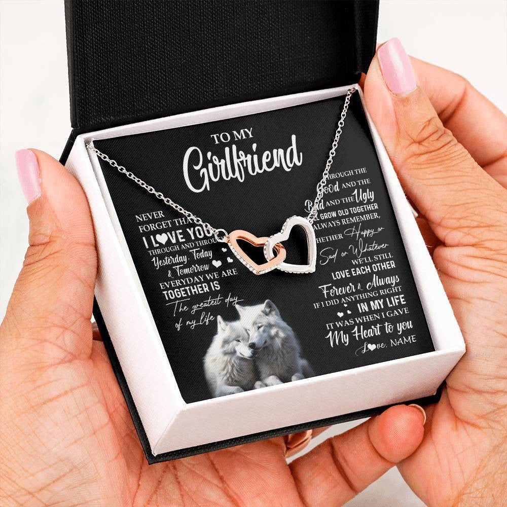 Interlocking Hearts Necklace Stainless Steel & Rose Gold Finish | 2 | Personalized To My Girlfriend Necklace From Boyfriend Wolf Never Forget That I Love You Girlfriend Birthday Christmas Customized Gift Box Message Card | teecentury