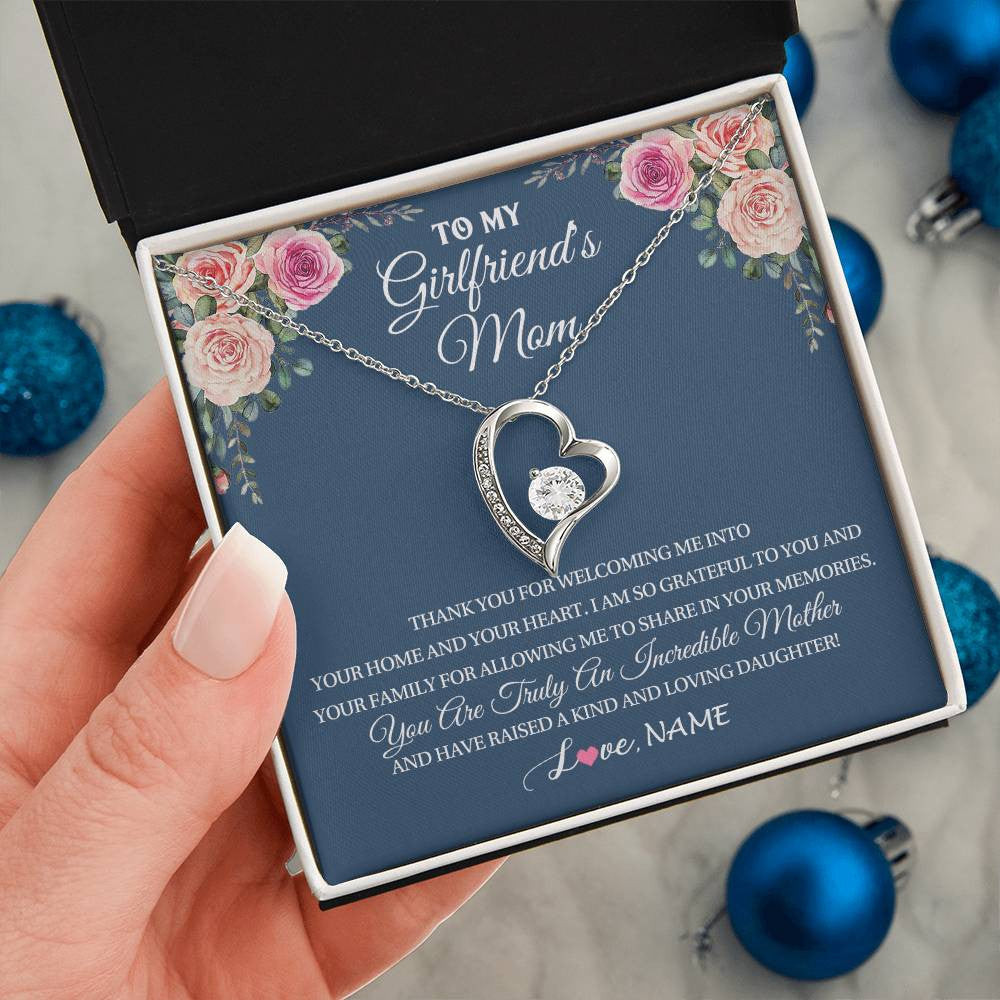 Forever Love Necklace 14K White Gold Finish | 2 | Personalized To My Girlfriend's Mom Necklace Thank You For Welcoming Me Stepmother Birthday Wedding Anniversary Christmas Customized Gift Box Message Card | teecentury