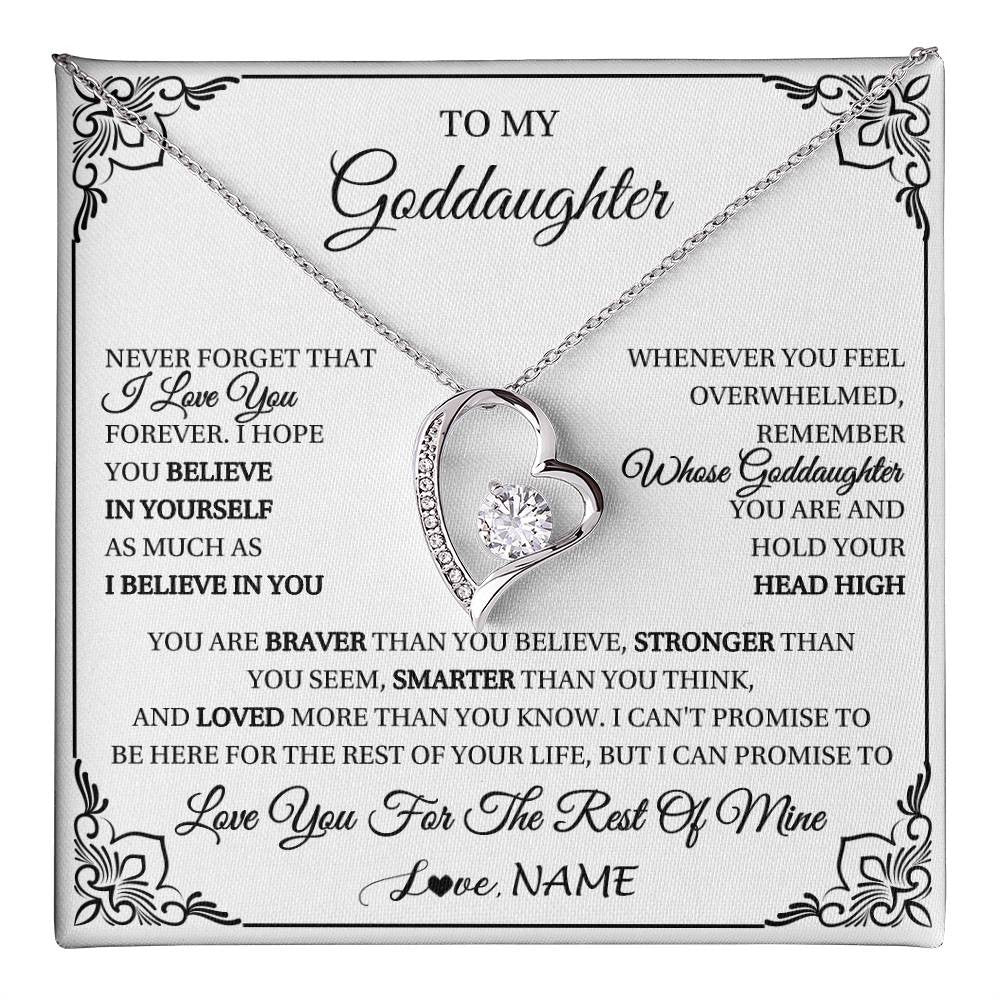 Forever Love Necklace 14K White Gold Finish | 1 | Personalized To My Goddaughter Gift Necklace From Godmother Uncle I Love You Believe In You Goddaughter Birthday Christmas Customized Gift Box Message Card | teecentury