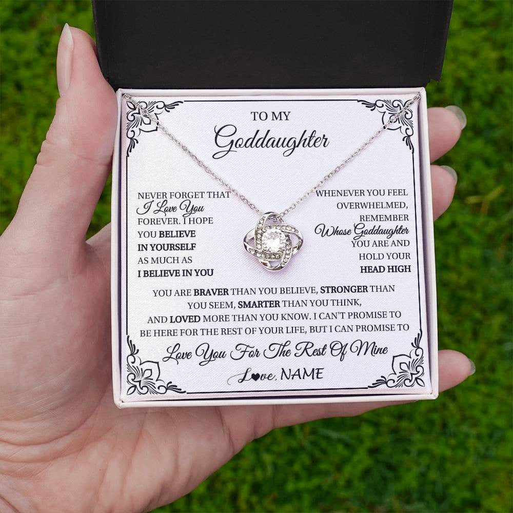 Love Knot Necklace 14K White Gold Finish | 2 | Personalized To My Goddaughter Gift Necklace From Godmother Uncle I Love You Believe In You Goddaughter Birthday Christmas Customized Gift Box Message Card | teecentury