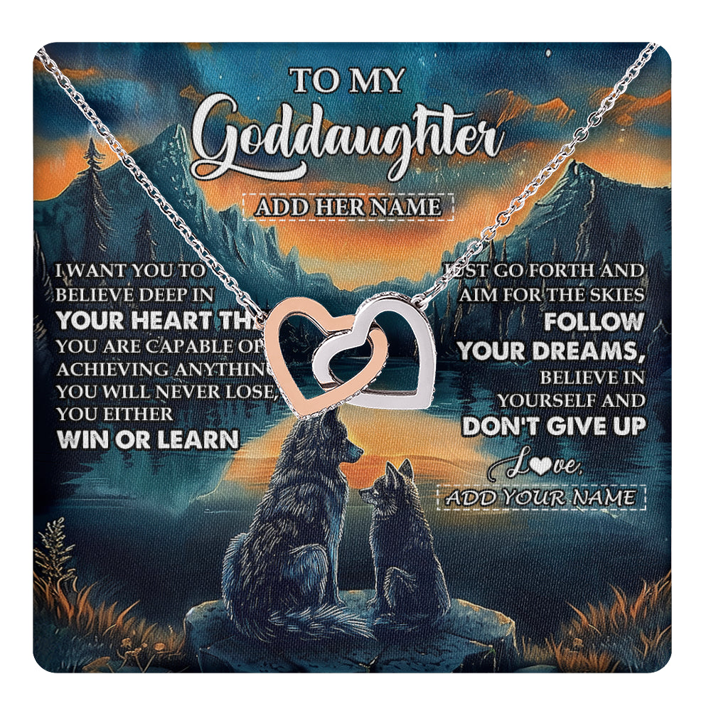 Interlocking Hearts Necklace Stainless Steel & Rose Gold Finish | 1 | Personalized To My Goddaughter Gifts From Aunt Uncle Don't Give Up Wolf Gifts For Goddaughter Birthday Graduation Christmas Customized Gift Box Message Card | teecentury