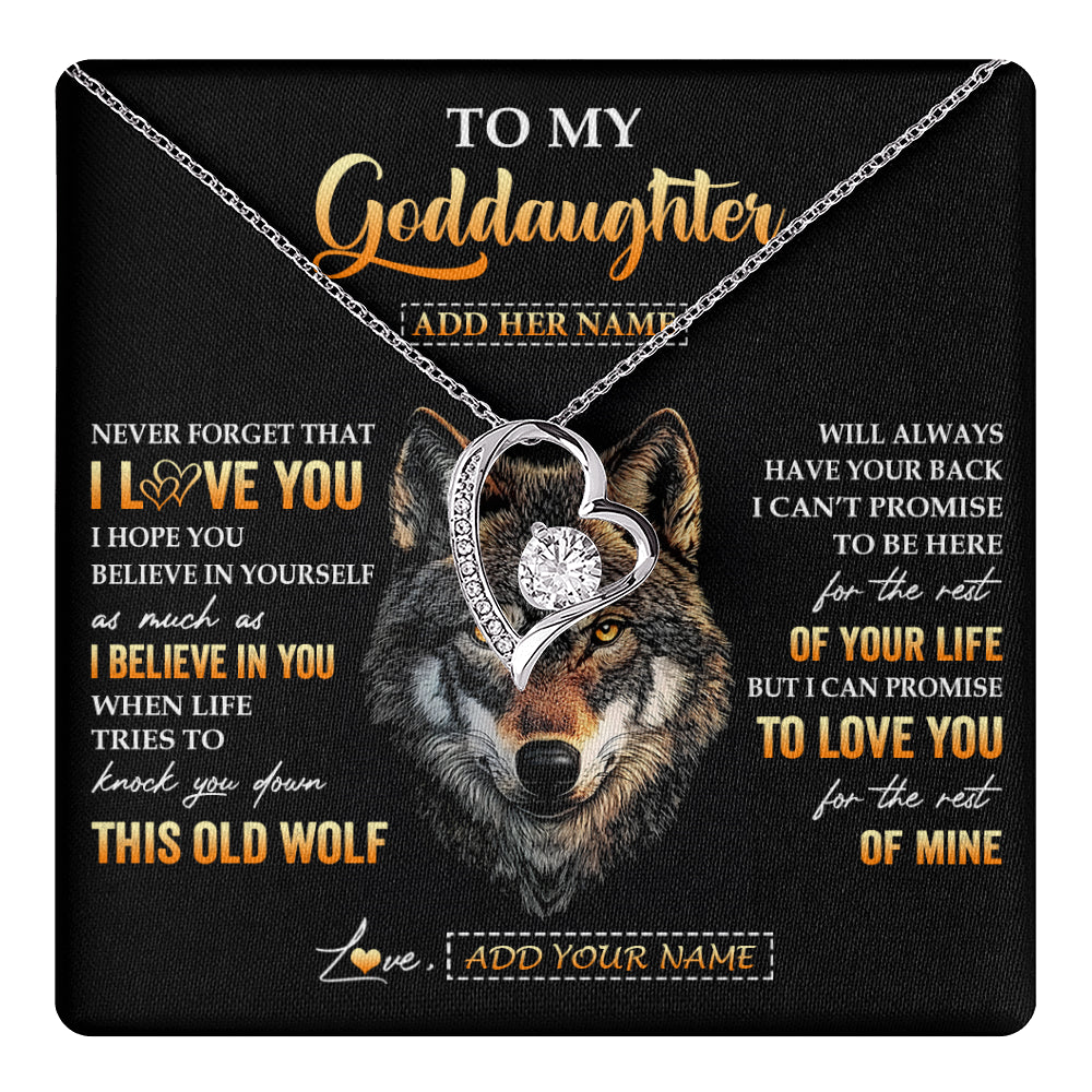 Forever Love Necklace 14K White Gold Finish | 1 | Personalized To My Goddaughter Gifts From Godfather Godmother Necklace Old Wolf Love You Goddaughter Birthday Gifts Graduation Christmas Gift Box Message Card | teecentury