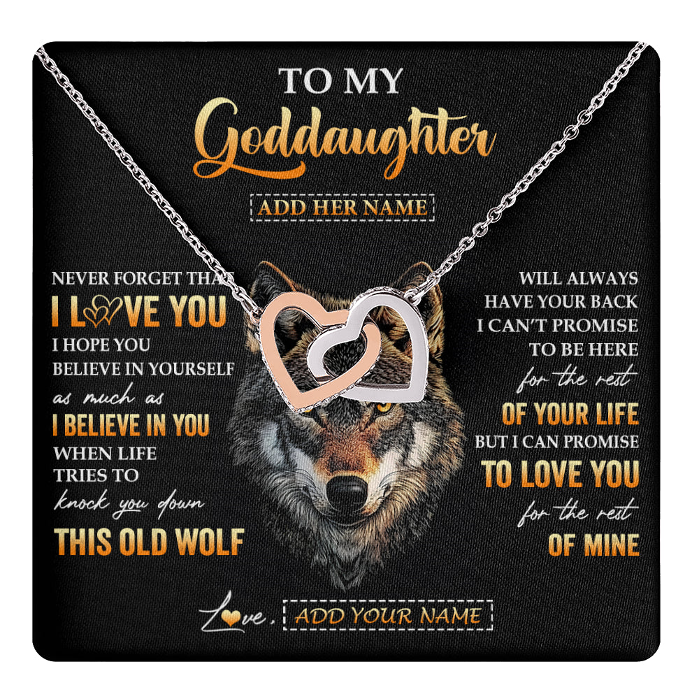Interlocking Hearts Necklace Stainless Steel & Rose Gold Finish | 1 | Personalized To My Goddaughter Gifts From Godfather Godmother Necklace Old Wolf Love You Goddaughter Birthday Gifts Graduation Christmas Gift Box Message Card | teecentury