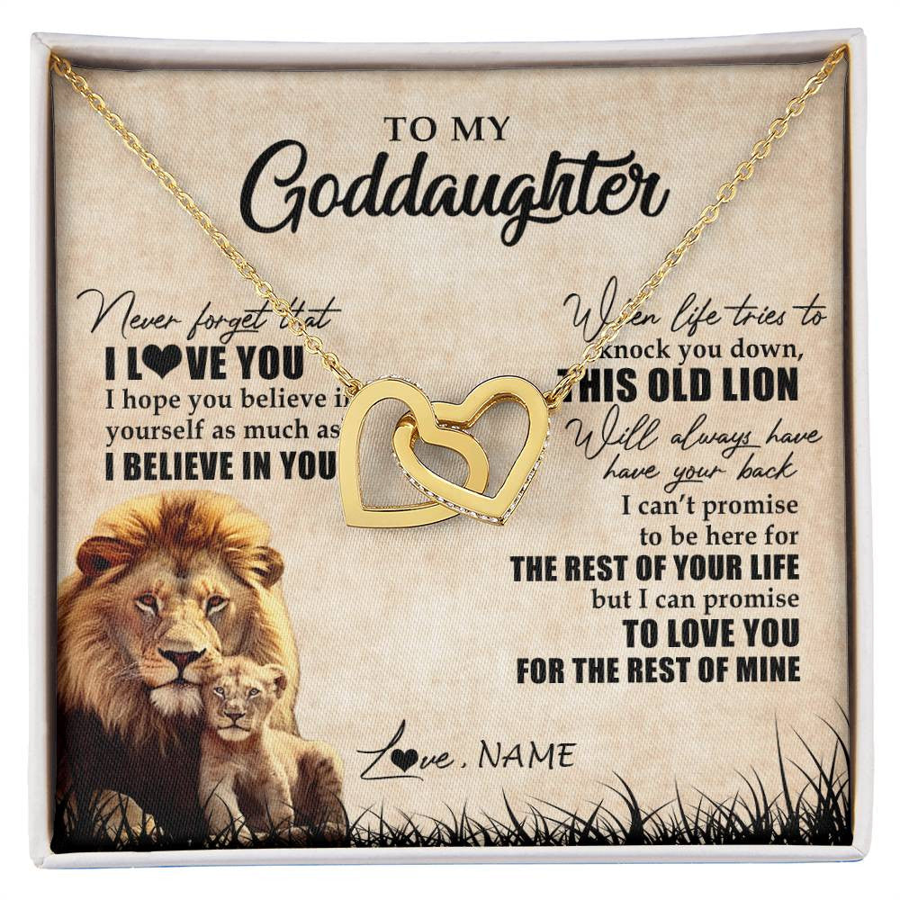 Interlocking Hearts Necklace 18K Yellow Gold Finish | Personalized To My Goddaughter Gifts Necklace From Godfather Old Lion Goddaughter Jewelry Birthday Gifts Graduation Christmas Customized Gift Box Message Card | teecentury