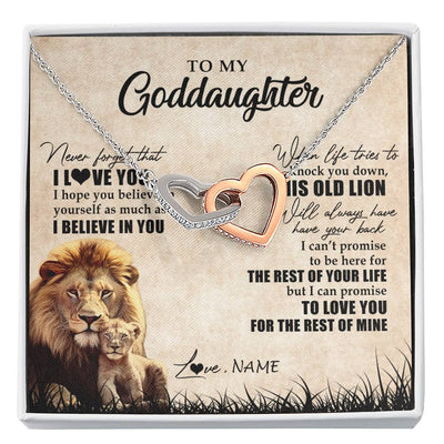 Interlocking Hearts Necklace Stainless Steel & Rose Gold Finish | Personalized To My Goddaughter Gifts Necklace From Godfather Old Lion Goddaughter Jewelry Birthday Gifts Graduation Christmas Customized Gift Box Message Card | teecentury