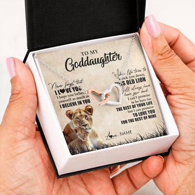 Interlocking Hearts Necklace Stainless Steel & Rose Gold Finish | Personalized To My Goddaughter Gifts Necklace From Godmother Old Lion Goddaughter Jewelry Birthday Gifts Graduation Christmas Customized Gift Box Message Card | teecentury