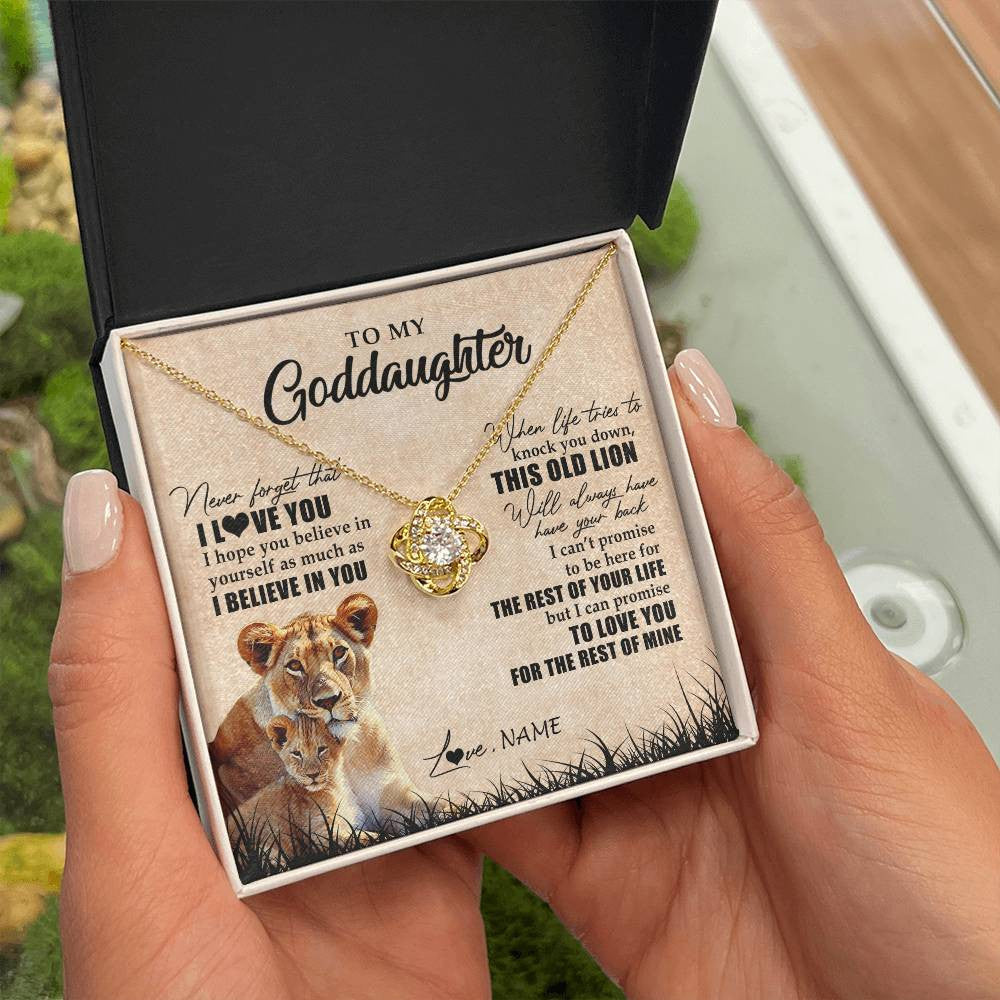 Love Knot Necklace 18K Yellow Gold Finish | Personalized To My Goddaughter Gifts Necklace From Godmother Old Lion Goddaughter Jewelry Birthday Gifts Graduation Christmas Customized Gift Box Message Card | teecentury