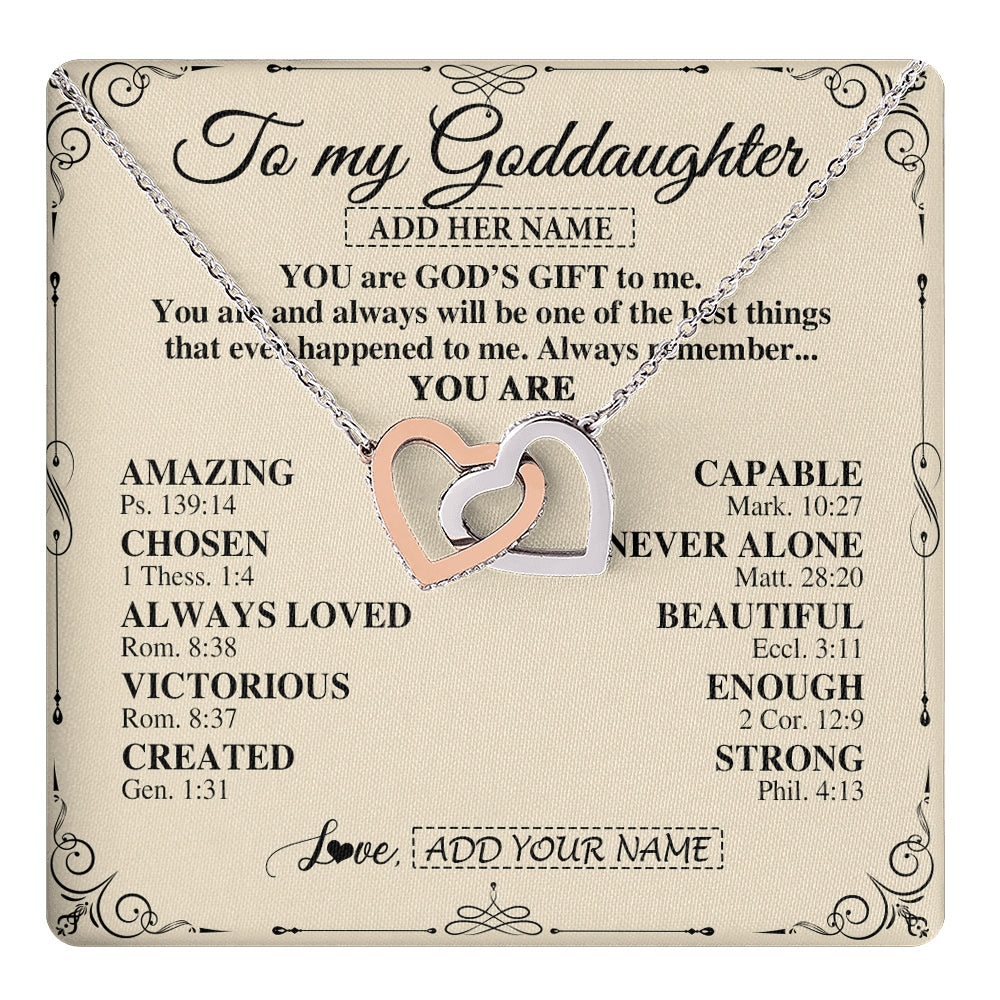 Interlocking Hearts Necklace Stainless Steel & Rose Gold Finish | 1 | Personalized To My Goddaughter Gifts Necklace From Godmother You Are God's Gift To Me Goddaughter Birthday Gifts Christmas Christian Gift Box Message Card | https://teecentury.