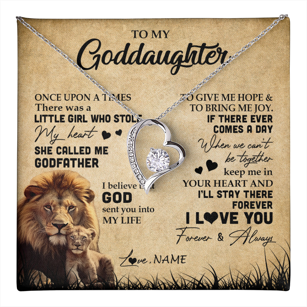 Forever Love Necklace 14K White Gold Finish | 1 | Personalized To My Goddaughter Lion Necklace From Godfather I'll Stay There Forever Goddaughter Birthday Graduation Christmas Customized Gift Box Message Card | teecentury