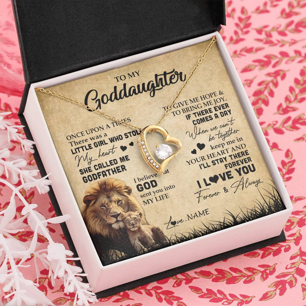 Forever Love Necklace 18K Yellow Gold Finish | Personalized To My Goddaughter Lion Necklace From Godfather I'll Stay There Forever Goddaughter Birthday Graduation Christmas Customized Gift Box Message Card | teecentury