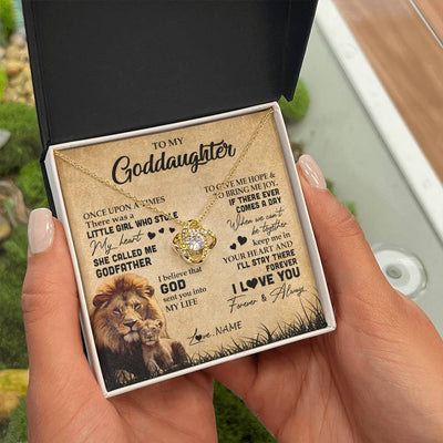 Love Knot Necklace 18K Yellow Gold Finish | Personalized To My Goddaughter Lion Necklace From Godfather I'll Stay There Forever Goddaughter Birthday Graduation Christmas Customized Gift Box Message Card | teecentury