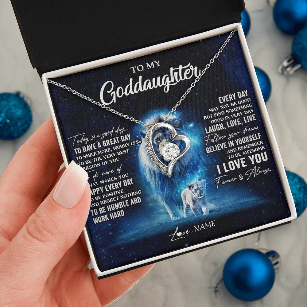 Forever Love Necklace 14K White Gold Finish | 2 | Personalized To My Goddaughter Lion Necklace From Godfather Today Is A Good Day Goddaughter Gifts Birthday Christmas Customized Gift Box Message Card | teecentury