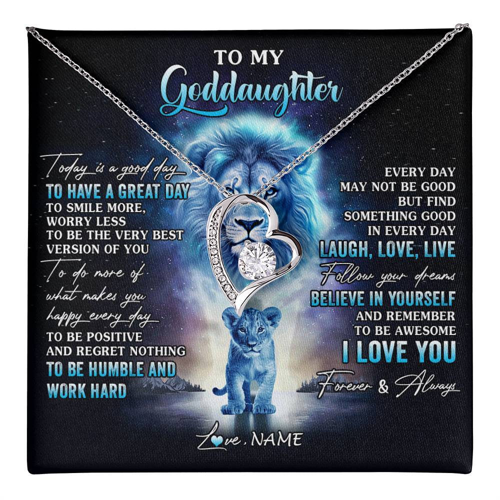 Forever Love Necklace 14K White Gold Finish | 1 | Personalized To My Goddaughter Lion Necklace From Godfather Uncle Every Day Laugh Love Live Goddaughter Birthday Christmas Customized Gift Box Message Card | teecentury