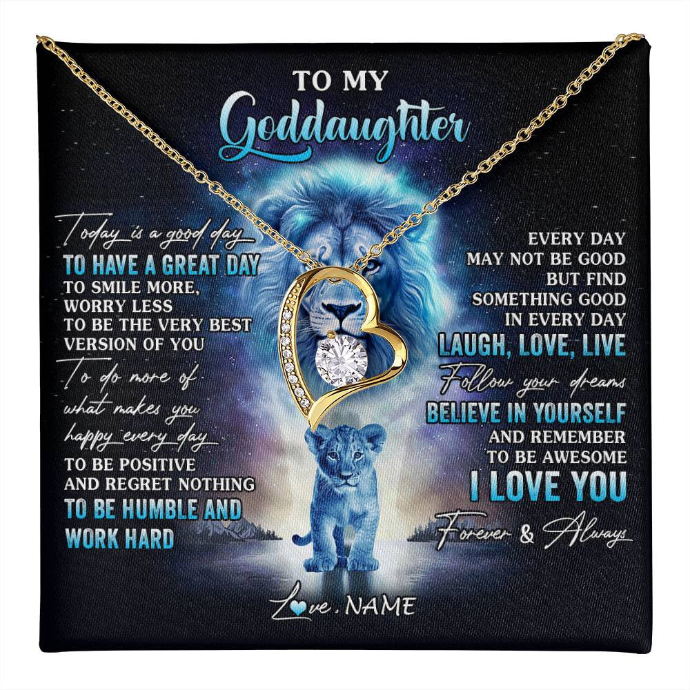 Forever Love Necklace 18K Yellow Gold Finish | 1 | Personalized To My Goddaughter Lion Necklace From Godfather Uncle Every Day Laugh Love Live Goddaughter Birthday Christmas Customized Gift Box Message Card | teecentury