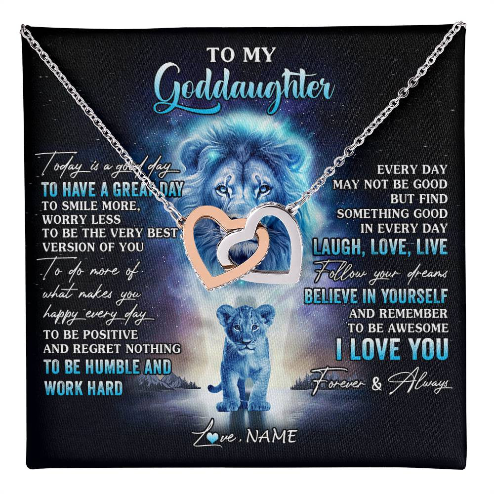 Interlocking Hearts Necklace Stainless Steel & Rose Gold Finish | 1 | Personalized To My Goddaughter Lion Necklace From Godfather Uncle Every Day Laugh Love Live Goddaughter Birthday Christmas Customized Gift Box Message Card | teecentury