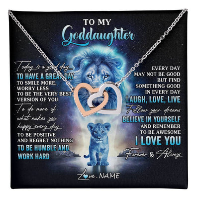 Interlocking Hearts Necklace Stainless Steel & Rose Gold Finish | 1 | Personalized To My Goddaughter Lion Necklace From Godfather Uncle Every Day Laugh Love Live Goddaughter Birthday Christmas Customized Gift Box Message Card | teecentury