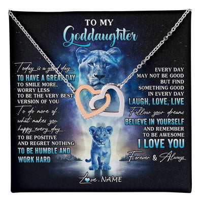 Interlocking Hearts Necklace Stainless Steel & Rose Gold Finish | 1 | Personalized To My Goddaughter Lion Necklace From Godmother Aunt Every Day Laugh Love Live Goddaughter Birthday Christmas Customized Gift Box Message Card | teecentury