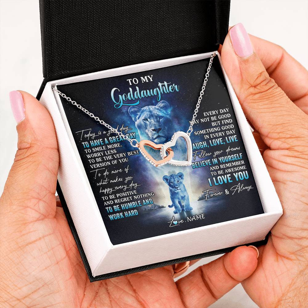 Interlocking Hearts Necklace Stainless Steel & Rose Gold Finish | 2 | Personalized To My Goddaughter Lion Necklace From Godmother Aunt Every Day Laugh Love Live Goddaughter Birthday Christmas Customized Gift Box Message Card | teecentury