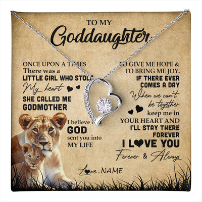 Forever Love Necklace 14K White Gold Finish | 1 | Personalized To My Goddaughter Lion Necklace From Godmother I'll Stay There Forever Goddaughter Birthday Graduation Christmas Customized Gift Box Message Card | teecentury