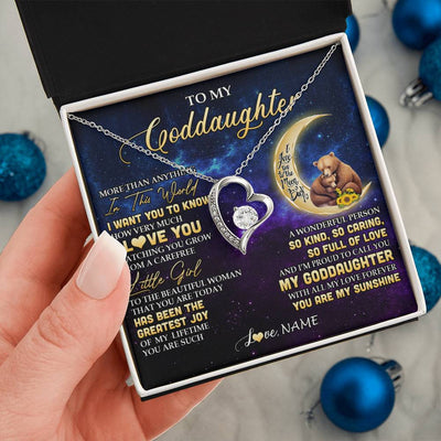 Forever Love Necklace 14K White Gold Finish | 2 | Personalized To My Goddaughter Necklace From Aunt Positive Energy Encourage Brave Little Bear Goddaughter Birthday Christmas Customized Gift Box Message Card | teecentury