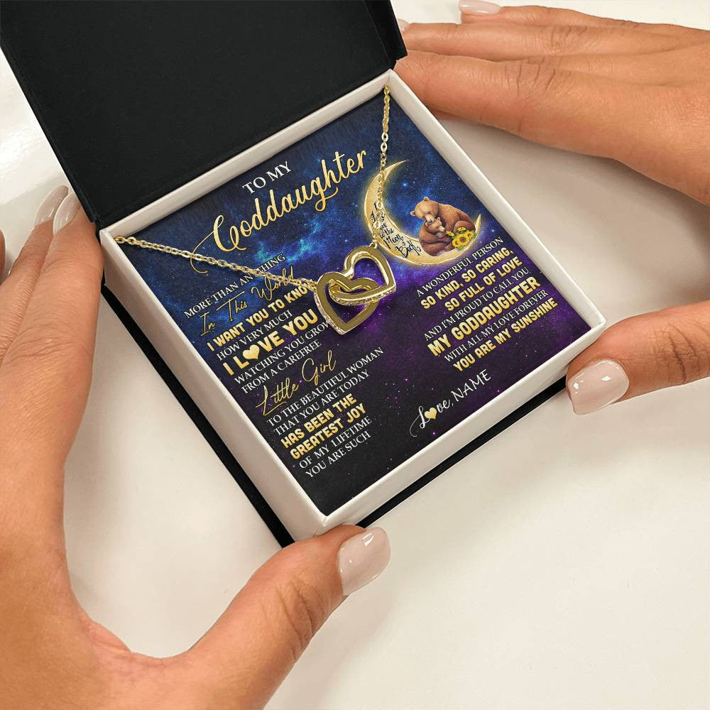 Interlocking Hearts Necklace 18K Yellow Gold Finish | 2 | Personalized To My Goddaughter Necklace From Aunt Positive Energy Encourage Brave Little Bear Goddaughter Birthday Christmas Customized Gift Box Message Card | teecentury