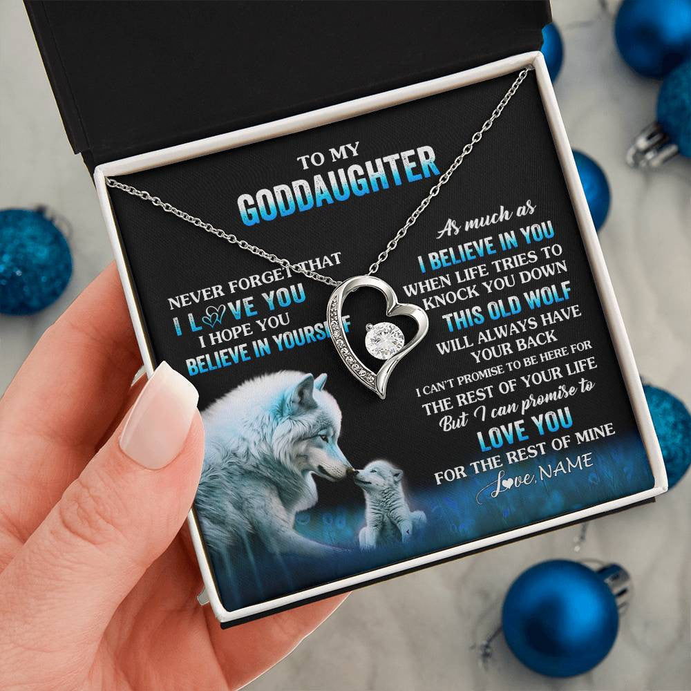 Forever Love Necklace 14K White Gold Finish | 2 | Personalized To My Goddaughter Necklace From Aunt This Old Wolf Love Goddaughter Birthday Gifts Jewelry Graduation Christmas Customized Gift Box Message Card | teecentury