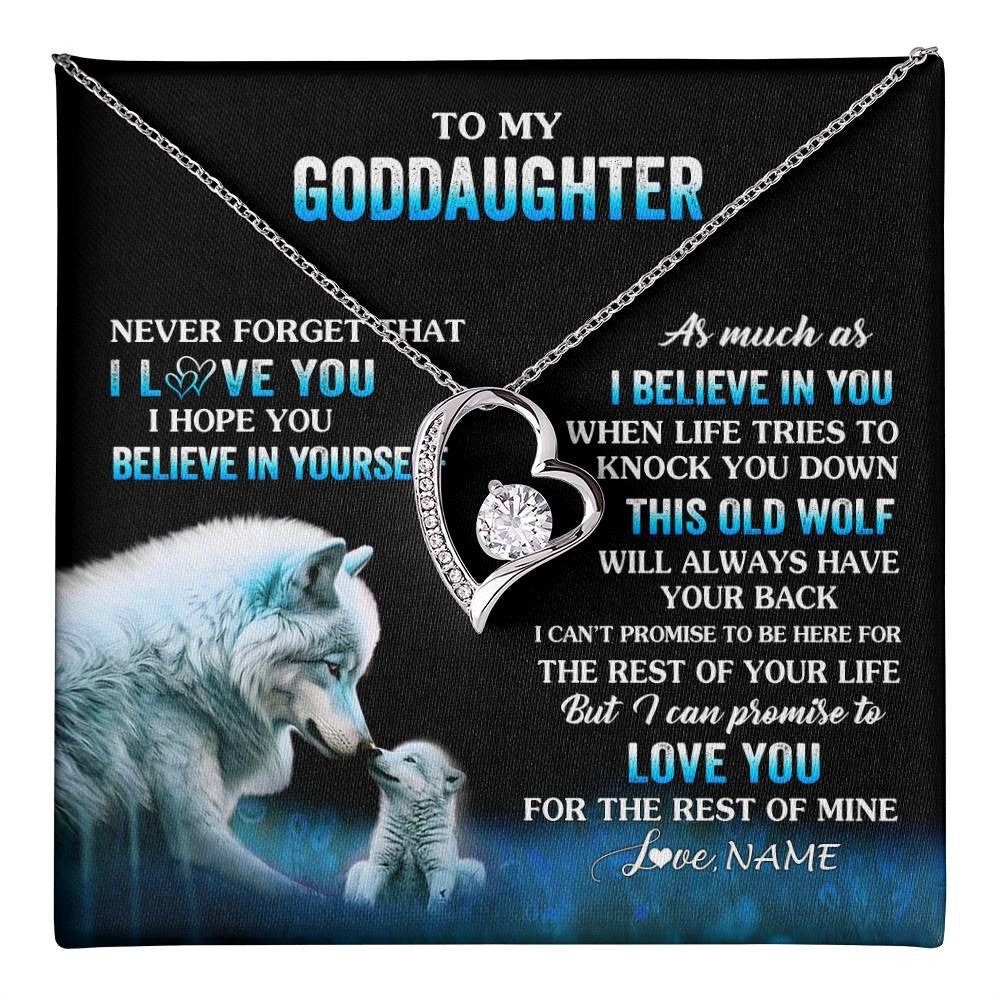 Forever Love Necklace 14K White Gold Finish | 1 | Personalized To My Goddaughter Necklace From Aunt This Old Wolf Love Goddaughter Birthday Gifts Jewelry Graduation Christmas Customized Gift Box Message Card | teecentury