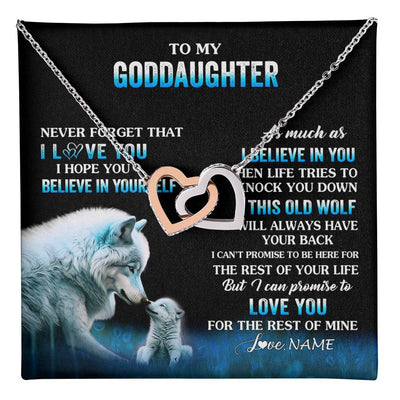 Interlocking Hearts Necklace Stainless Steel & Rose Gold Finish | 1 | Personalized To My Goddaughter Necklace From Aunt This Old Wolf Love Goddaughter Birthday Gifts Jewelry Graduation Christmas Customized Gift Box Message Card | teecentury