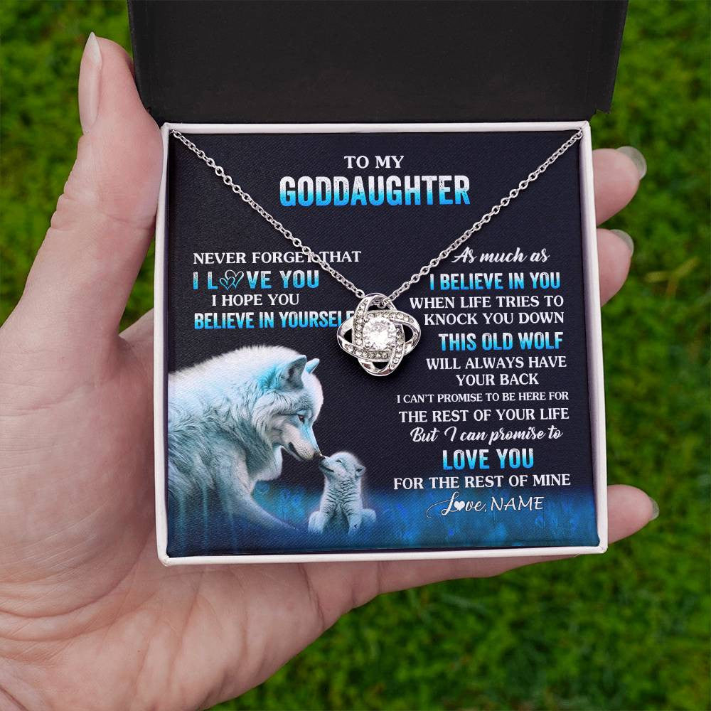 Love Knot Necklace 14K White Gold Finish | 2 | Personalized To My Goddaughter Necklace From Aunt This Old Wolf Love Goddaughter Birthday Gifts Jewelry Graduation Christmas Customized Gift Box Message Card | teecentury