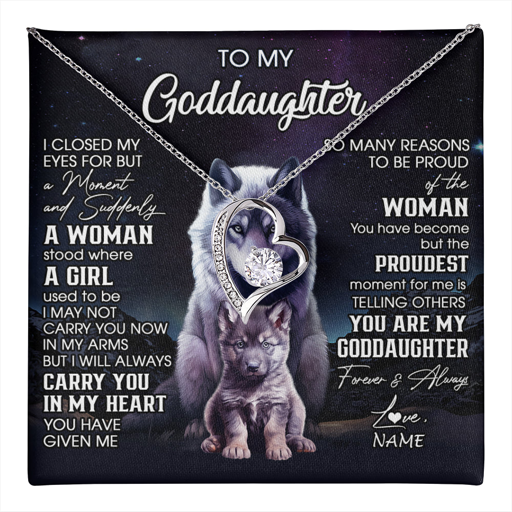 Forever Love Necklace 14K White Gold Finish | 1 | Personalized To My Goddaughter Necklace From Aunt Uncle I Close My Eyes Wolf Goddaughter Birthday Gifts Graduation Christmas Customized Gift Box Message Card | teecentury