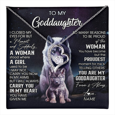 Forever Love Necklace 14K White Gold Finish | 1 | Personalized To My Goddaughter Necklace From Aunt Uncle I Close My Eyes Wolf Goddaughter Birthday Gifts Graduation Christmas Customized Gift Box Message Card | teecentury