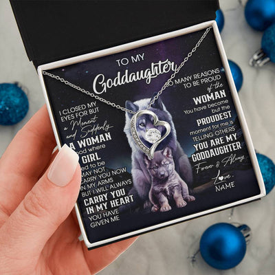 Forever Love Necklace 14K White Gold Finish | 2 | Personalized To My Goddaughter Necklace From Aunt Uncle I Close My Eyes Wolf Goddaughter Birthday Gifts Graduation Christmas Customized Gift Box Message Card | teecentury