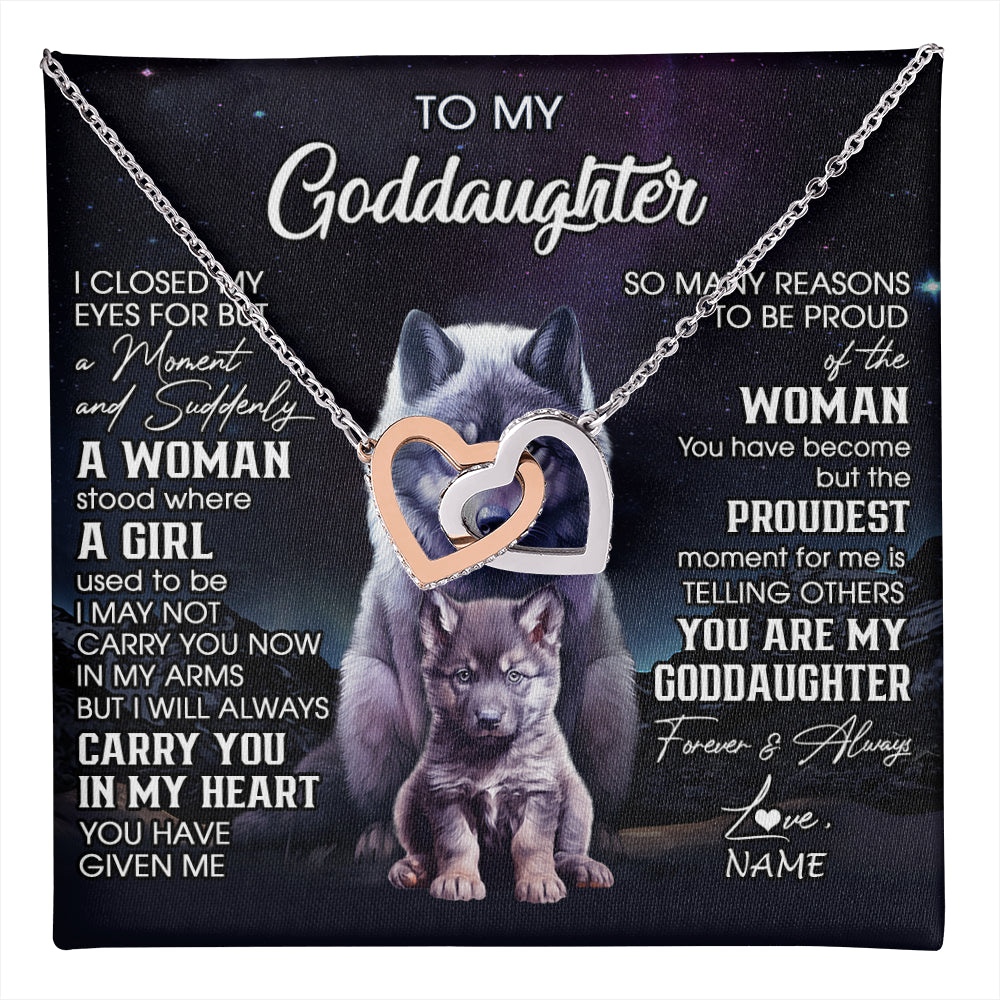 Interlocking Hearts Necklace Stainless Steel & Rose Gold Finish | 1 | Personalized To My Goddaughter Necklace From Aunt Uncle I Close My Eyes Wolf Goddaughter Birthday Gifts Graduation Christmas Customized Gift Box Message Card | teecentury