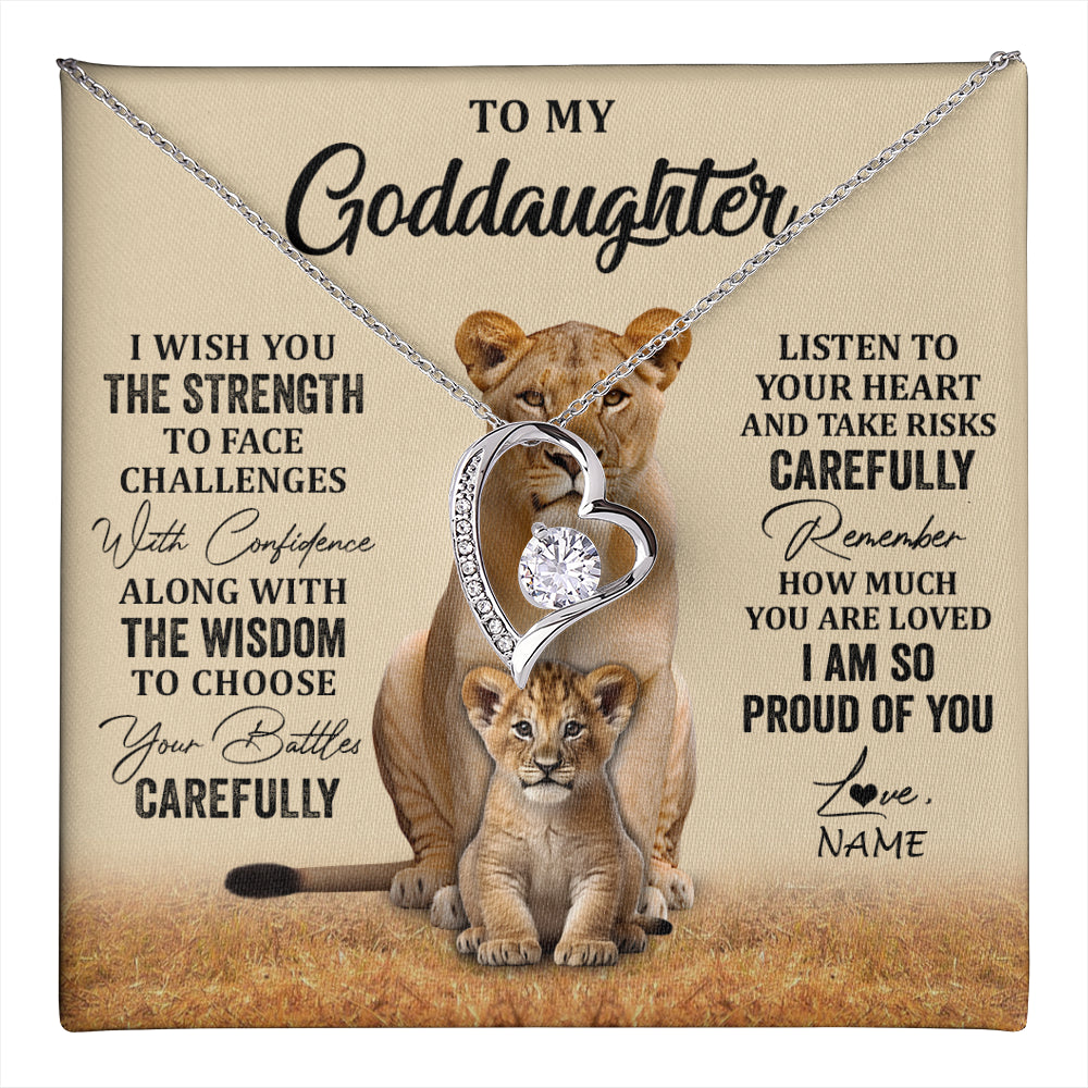 Forever Love Necklace 14K White Gold Finish | 1 | Personalized To My Goddaughter Necklace From Aunt Uncle I Wish You The Strength Lion Goddaughter Birthday Graduation Christmas Customized Gift Box Message Card | teecentury