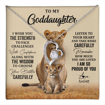 Forever Love Necklace 14K White Gold Finish | 1 | Personalized To My Goddaughter Necklace From Aunt Uncle I Wish You The Strength Lion Goddaughter Birthday Graduation Christmas Customized Gift Box Message Card | teecentury