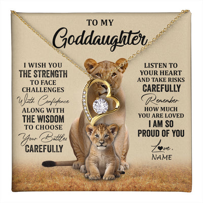 Forever Love Necklace 18K Yellow Gold Finish | 1 | Personalized To My Goddaughter Necklace From Aunt Uncle I Wish You The Strength Lion Goddaughter Birthday Graduation Christmas Customized Gift Box Message Card | teecentury