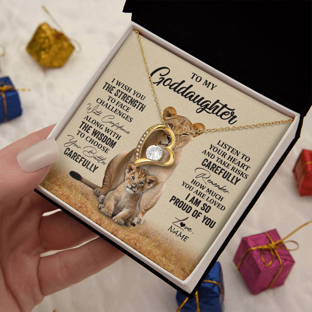 Forever Love Necklace 18K Yellow Gold Finish | 2 | Personalized To My Goddaughter Necklace From Aunt Uncle I Wish You The Strength Lion Goddaughter Birthday Graduation Christmas Customized Gift Box Message Card | teecentury