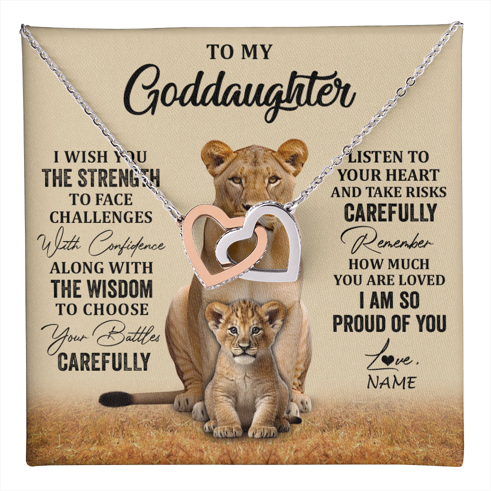 Interlocking Hearts Necklace Stainless Steel & Rose Gold Finish | 1 | Personalized To My Goddaughter Necklace From Aunt Uncle I Wish You The Strength Lion Goddaughter Birthday Graduation Christmas Customized Gift Box Message Card | teecentury