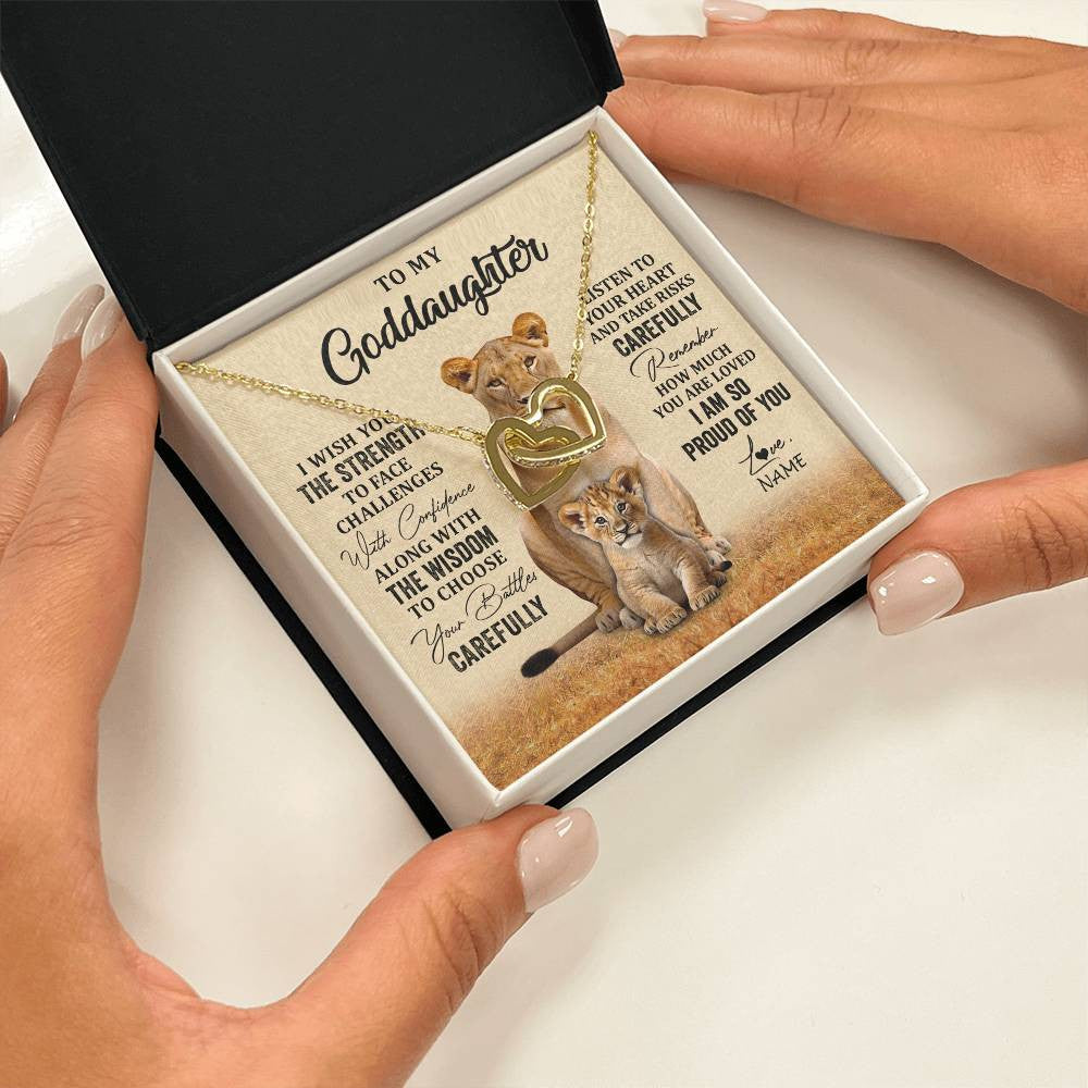 Interlocking Hearts Necklace 18K Yellow Gold Finish | 2 | Personalized To My Goddaughter Necklace From Aunt Uncle I Wish You The Strength Lion Goddaughter Birthday Graduation Christmas Customized Gift Box Message Card | teecentury