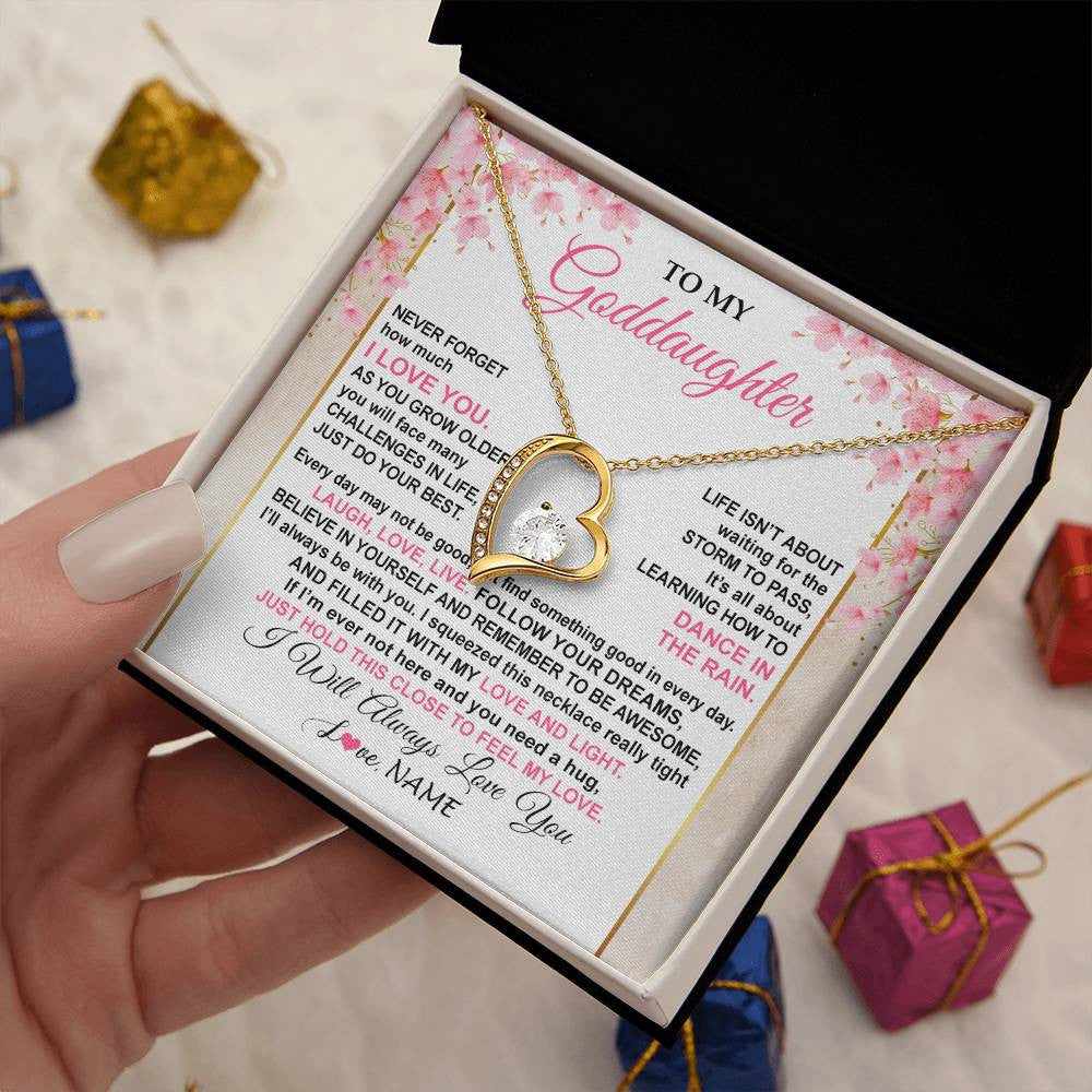Forever Love Necklace 18K Yellow Gold Finish | 2 | Personalized To My Goddaughter Necklace From Aunt Uncle Inspirational I Love You Goddaughter Birthday Graduation Christmas Customized Gift Box Message Card | teecentury