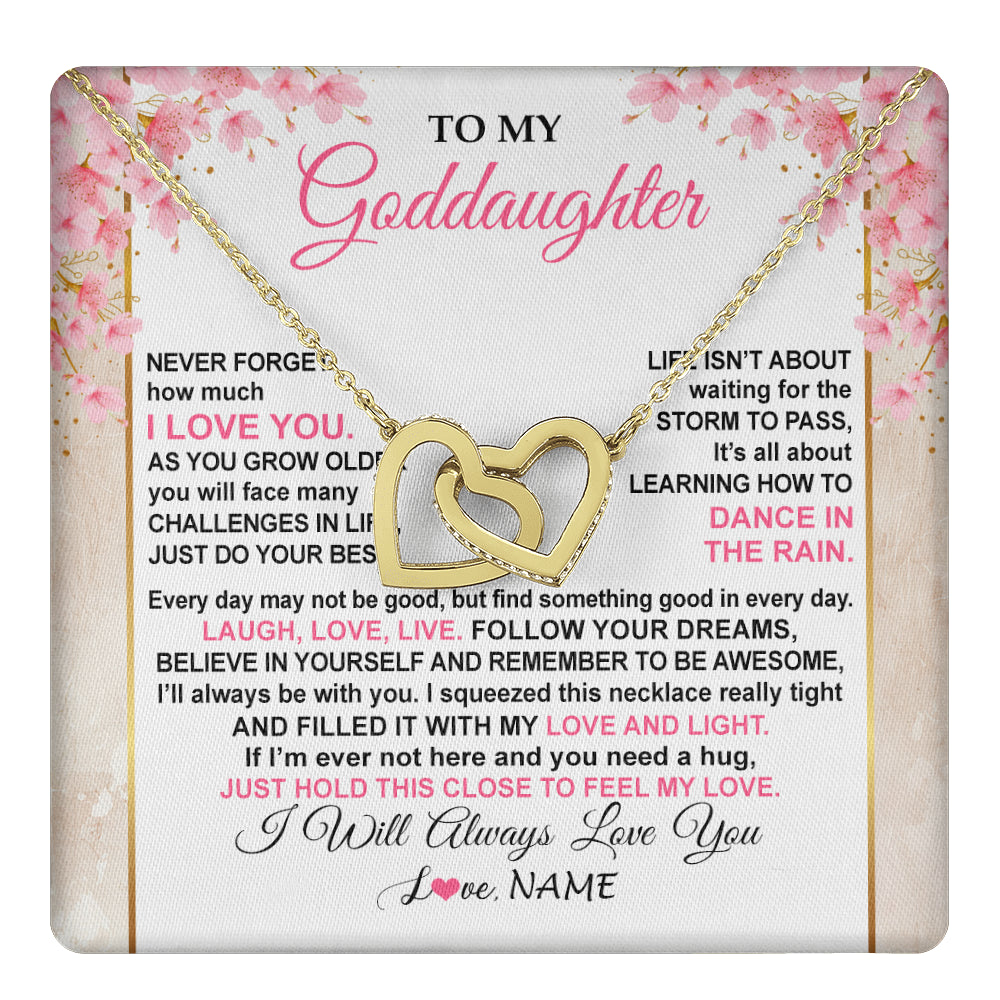 Interlocking Hearts Necklace 18K Yellow Gold Finish | 1 | Personalized To My Goddaughter Necklace From Aunt Uncle Inspirational I Love You Goddaughter Birthday Graduation Christmas Customized Gift Box Message Card | teecentury