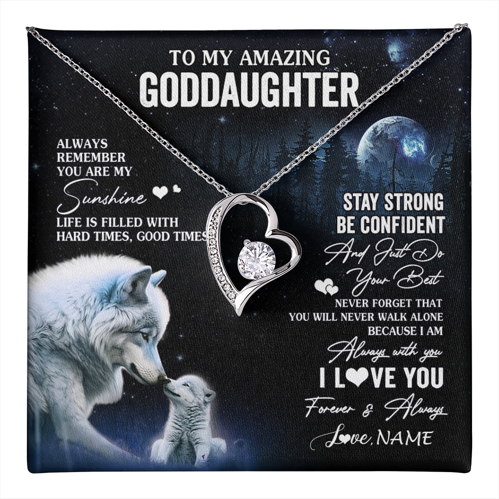 Forever Love Necklace 14K White Gold Finish | 1 | Personalized To My Goddaughter Necklace From Aunt Uncle Moon Wolf Goddaughter Birthday Gifts Jewelry Graduation Christmas Customized Gift Box Message Card | teecentury